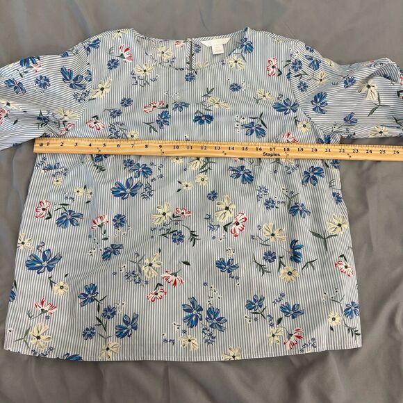H&M Pinstripe Floral Tie Sleeve Blouse Womens Size 14 100% Cotton Short Sleeve - Picture 6 of 7
